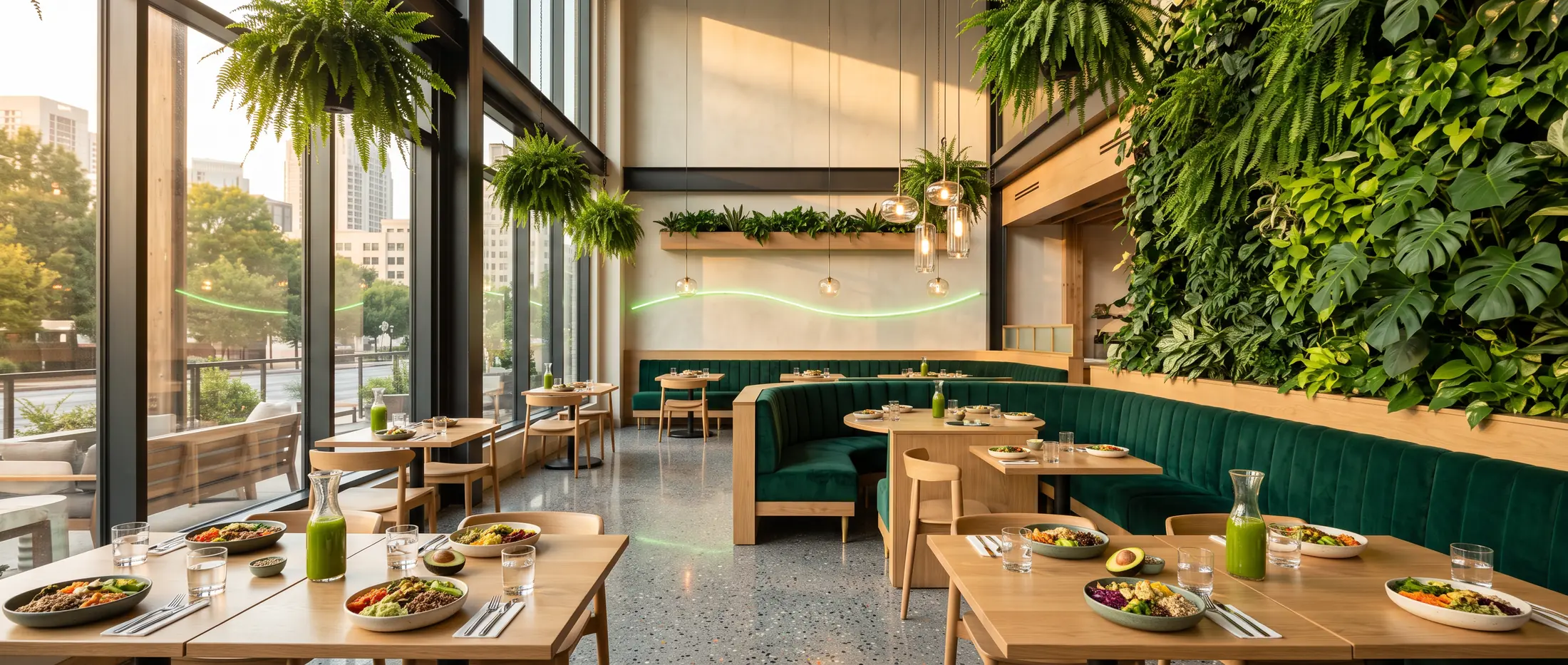 Bright plant-filled healthy restaurant dining room